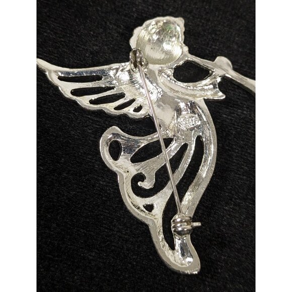 Vintage Signed SFJ Silver Tone Angel Trumpet Open Work Pin Brooch - Picture 4 of 6